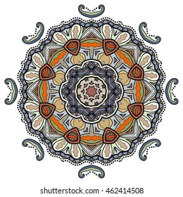 Mandala flower decoration, oriental pattern, isolated design element. Zentangle style decor for coloring book page. Vector geometric floral background. Tribal ethnic arabic, indian, turkish ornament