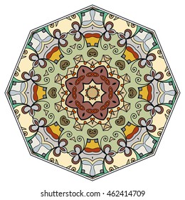 Mandala flower decoration, oriental pattern, isolated design element. Zentangle style decor for coloring book page. Vector geometric floral background. Tribal ethnic arabic, indian, turkish ornament