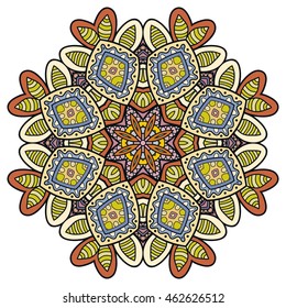 Mandala flower decoration, oriental pattern, isolated design element. Zentangle style decor for coloring book page. Vector geometric floral background. Tribal ethnic arabic, indian, turkish ornament