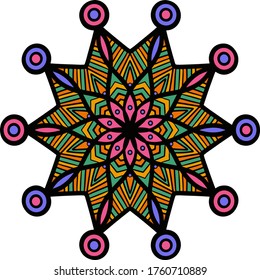 Mandala flower decoration, round ornament, isolated design element on a white background. Vector geometric floral pattern. Tribal ethnic fashion motif for paper, textile, cloth fabric print.