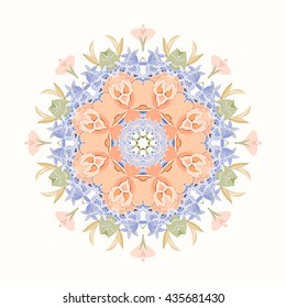 Mandala flower decorative card. Hand drawn flower card can be used as invitation card for wedding, birthday and other holiday background. Vintage decorative element. Summer theme. Vector illustration