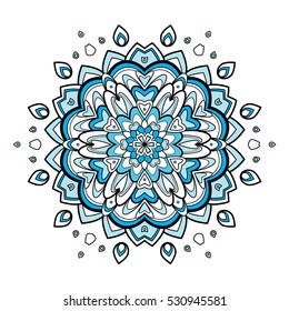 Mandala. Flower design. Vector template for textile or card. Yoga symbol or logo. Round ornament. vector illustration. Blue snowflake, snow