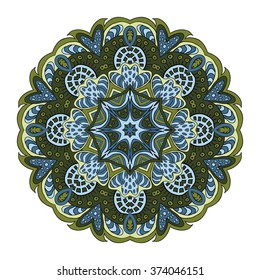 Mandala flower. Doodle drawing. Round ornament. Olive and blue colors