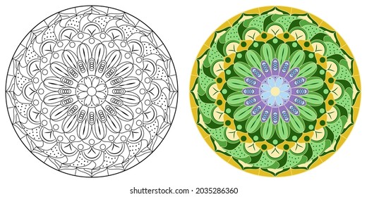 Mandala con una flor y un patrón geométrico sobre un fondo blanco. Libro de colorantes antiestrés para niños y adultos. Elemento decorativo para el diseño