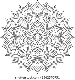 mandala, flower, illustration, pattern, round, art, design, floral, page, drawing, black, vector, colouring, vintage, book, print, wallpaper, floral pattern, template, white, adult, line art