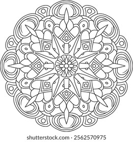 mandala, flower, illustration, pattern, round, art, design, floral, page, drawing, black, vector, colouring, vintage, book, print, wallpaper, floral pattern, template, white, adult, line art