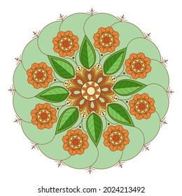 Mandala with a flower, leaves and curls on a white background. Anti-stress coloring book for children and adults. Decorative element for design