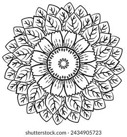 Mandala with flower and leaves, natural coloring page vector illustration for creative activity or creating a postcard