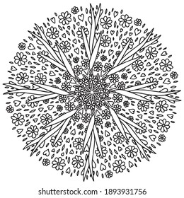 mandala flower lush daisy leaves branches flowering spring summer lined love petal doodle coloring book page black and white background