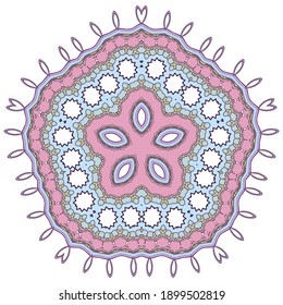 Mandala flower from multi-colored floral ornament, zentangle for decoration, round oriental motif in pastel pink tones
