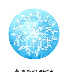 Mandala flower on watercolor circle - hand paint. 