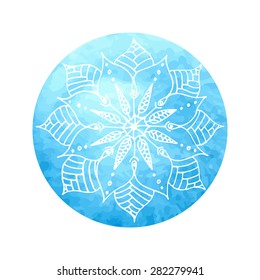 Mandala flower on watercolor circle - hand paint. 