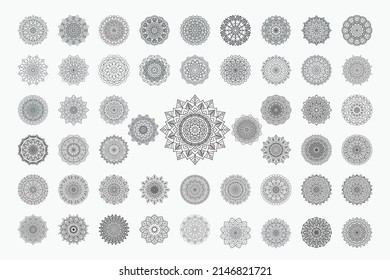 Mandala flower ornament bundle in Arabic pattern. Doodle mandala collection with black and white patterns. Indian style mandala set design for decoration. Mandala pattern for coloring pages.