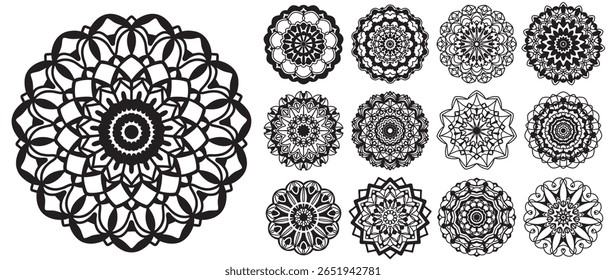 Paquete de adorno de flores de mandala en conjunto de patrón árabe. Colección de mandala Doodle de tinta con patrones en blanco y negro. Mandala set design para decoración. Patrón de mandala para colorear páginas conjunto.