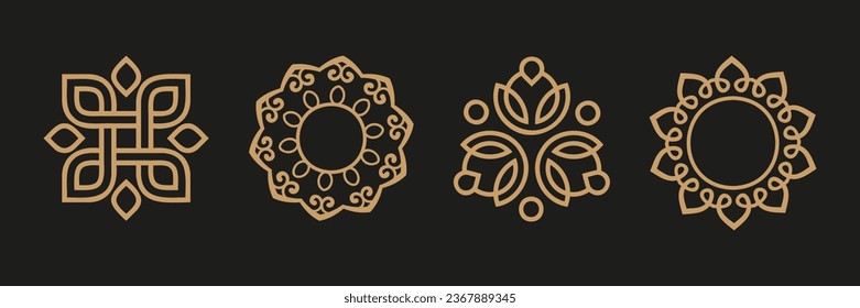 Mandala flower ornament element collection. Set of black flower ornament icons. Black abstract geometric ornament collection