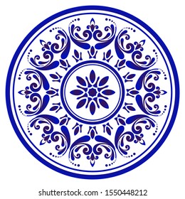 Mandala flower Pattern, Circular Chinaware pattern, Blue and white decorative ornamental round, indigo cycle art frame, Abstract vector floral ornamental round, porcelain design vector illustration