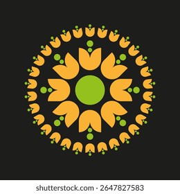 Padrão de flores Mandala. Ícone floral circular. Pétalas de laranja verde. Fundo preto vetorial.