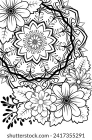 Mandala and flower pattern coloring pages for adults. Abstract mandala pattern surrounded by abstract flowers. Simple vector floral mandala coloring book. Outline patterns for coloring.