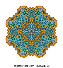 Mandala flower pattern. Doodle drawing. Round ornament. Blue and mustard col