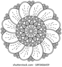 Mandala flower with rounded petals and shading, zen coloring page in the shape of a fantasy blooming vector illustration