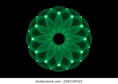 Mandala flower, sacred geometry green Lotus, Indian circular ornament, glowing floral logo. Flower blossom symbols of yoga, spa, beauty salon, cosmetics, relax, brand style. Vector isolated