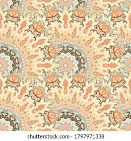 Mandala flower seamless pattern. Tribal folk vector graphic design. Complex modern fractal floral seamless ornament. Summer swimwear print.