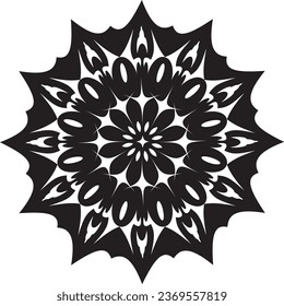 Mandala - Flower Star Sun Illustration, Nature, Energy Circle Round Beautiful Symmetry Harmony Symbol in Black and White