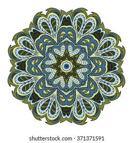 Mandala flower zentangle. Doodle drawing. Round ornament. Olive and blue colors