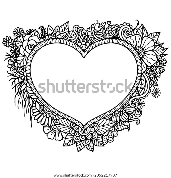 Mandala flowers around heart\
frame for printing, engraving or coloring page. Vector\
illustration.