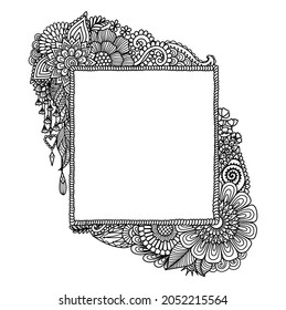 Mandala florece alrededor de un marco cuadrado para imprimir, grabar o colorear una página. Ilustración vectorial.