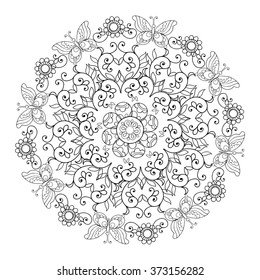 Mandala of flowers and butterflies. Coloring book for adult.