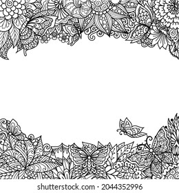 Mandala flowers and butterflies frame for printing, engraving or coloring page. Vector illustration.