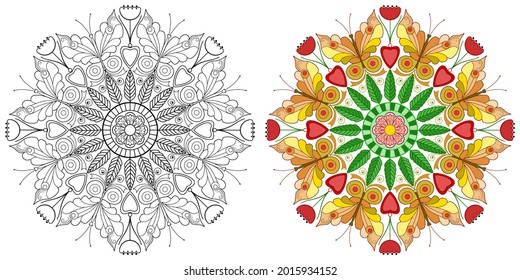Mandala with flowers, butterflies and leaves on a white background. Coloring book for children and adults