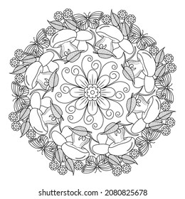 Mandala with flowers, butterflies and wild mushrooms on a white background. Anti-stress coloring book for children and adults.
