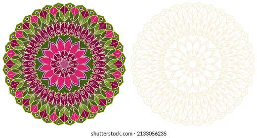 Mandala with flowers and curls on a white background. Anti-stress coloring book for children and adults. Decorative element for design