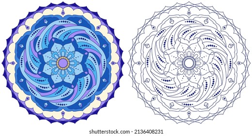 Mandala con flores y rizos en un fondo blanco. Libro de colorantes antiestrés para niños y adultos. Elemento decorativo para el diseño
