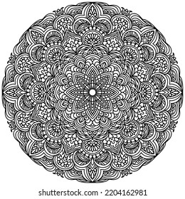 mandala with flowers and folk style figures drawn on a white background for coloring