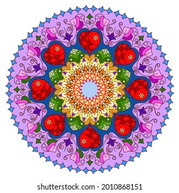 Mandala with flowers, hearts and curlicues on a white background. A decorative element for the design.