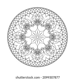 Mandala with flowers, hearts and curls on a white background. Anti-stress coloring book for children and adults. Decorative element for design