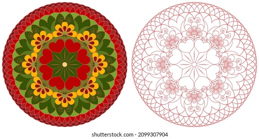 Mandala with flowers, hearts and curls on a white background. Anti-stress coloring book for children and adults. Decorative element for design