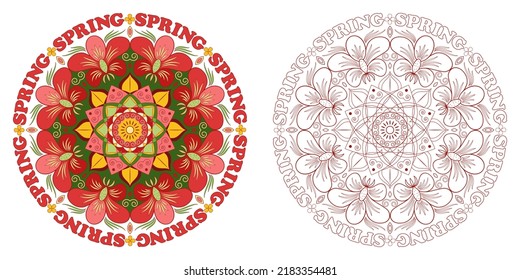Mandala with flowers and the inscription "spring" on a white background. Anti-stress coloring book for children and adults. Decorative element for design