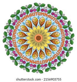 Mandala with flowers, leaves, berries and the inscription "autumn" on a white background. Anti-stress coloring book for children and adults. Decorative element for design