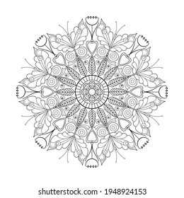 Mandala with flowers, leaves and butterflies on a white background. Anti-stress coloring book for children and adults