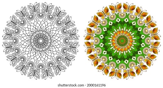 Mandala with flowers, leaves and butterflies on a white background. Anti-stress coloring book for children and adults. A bright decorative element for the design of printed products