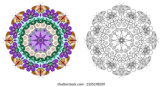 Mandala with flowers, leaves and butterflies on a white background. Anti-stress coloring book for children and adults. Decorative element for design