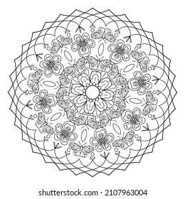 Mandala with flowers, leaves and butterflies on a white background. Anti-stress coloring book for children and adults. Decorative element for design