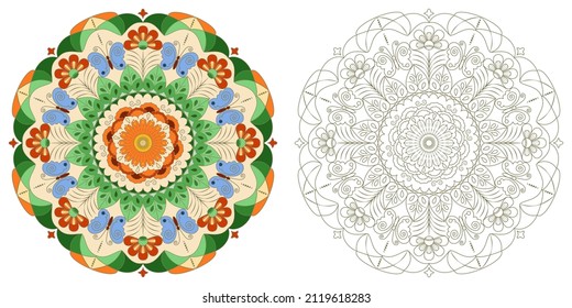 Mandala with flowers, leaves and butterflies on a white background. Anti-stress coloring book for children and adults. Decorative elements for design