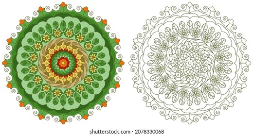 Mandala with flowers, leaves and curls on a white background. Anti-stress coloring book for children and adults. Decorative element for design