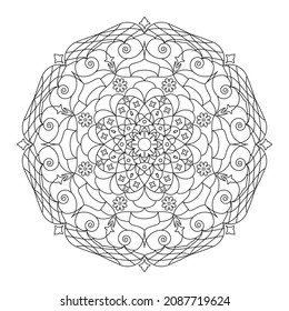 Mandala with flowers, leaves and curls on a white background. Anti-stress coloring book for children and adults. Decorative element for design