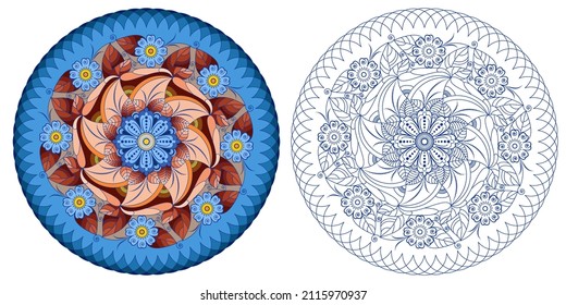 Mandala with flowers, leaves and curls on a white background. Anti-stress coloring book for children and adults. Decorative element for design